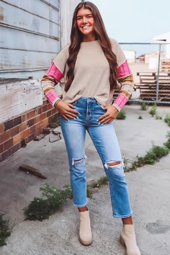 OCSTRADE Women's Simply Taupe Colorblock Exposed Seam Round Neck Sweater Trendy 2024 Fall Winter Clothes4