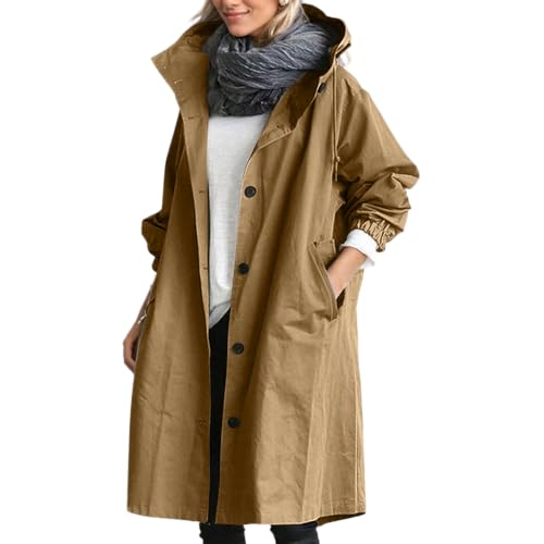 Women's Lightweight Button Down Hooded Trech Coat Fall Oversized Casual Windbreaker Long Jackets with Pockets