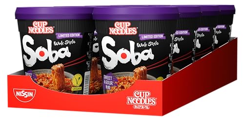 Nissin Cup Noodles Soba – Sweet & Sour, 8er Pack, Wok Style Instant-Nudeln mit süß-saurer Sauce und Gemüse, vegan, schnell im Becher zubereitet, asiatisches Essen (8 x 88 g)