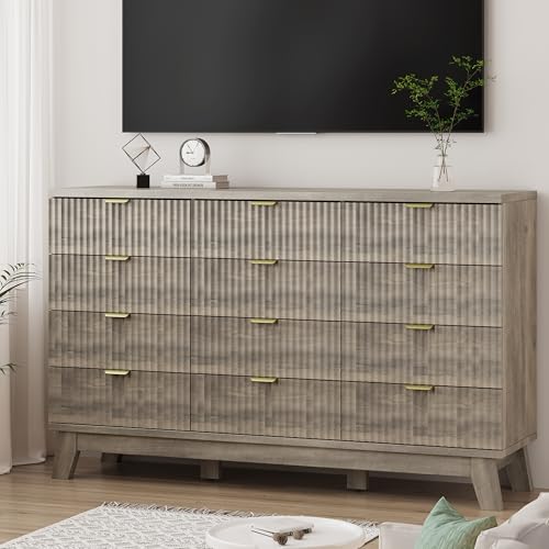 Image of Xixini Fluted Dresser for Bedroom with 12 Drawers, 57 inch Wide Modern Chest of Drawers with Metal Handle, Wooden Dresser TV Stand, Wood Closet Clothes Storage Organizer for Living Room, Hallway, Grey
