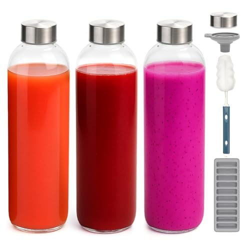 Zukro Glass Water Bottles with Lids 32 oz, 3 Pack Reusable Juice Bottles With Stainless Steel Airtight Cap for Juicing, Leak Proof Clear Drinking Jar Beverage storage container for Fridge, BPA Free
