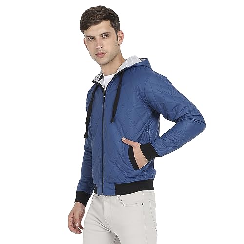 Image of Campus Sutra Men's Blue Quilted Puffer Jacket With Zip-Closure For Casual Wear | Hooded Neck | Long Sleeve | Zipper Closure | Polyester Jacket Crafted With Comfort Fit For Regular Wear