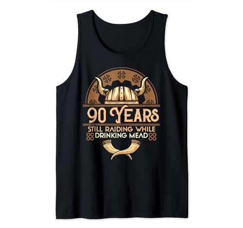 Cool Viking 90th Birthday Shirt with a Viking Drinking Horn for your husband, Father or Grandfather getting 90 years old. Perfect Birthday Present for every Fan of the Nordic Mythology. 