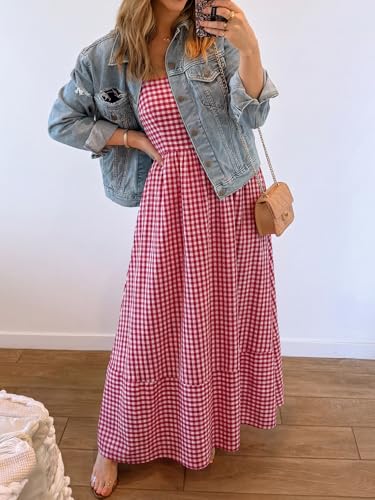 Image of Caracilia Womens Maxi Dresses Gingham Spaghetti Strap Back Smocked Flowy Long Sundress Summer Beach Vacation Clothes 2026