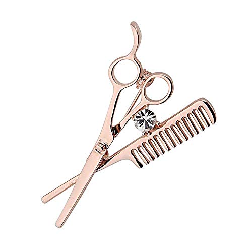 Unique Crystal Comb Scissors Barber Tools Corsage Brooch Pin Collar Pin for Women Men Salon Hairdresser Jewelry (Gold)