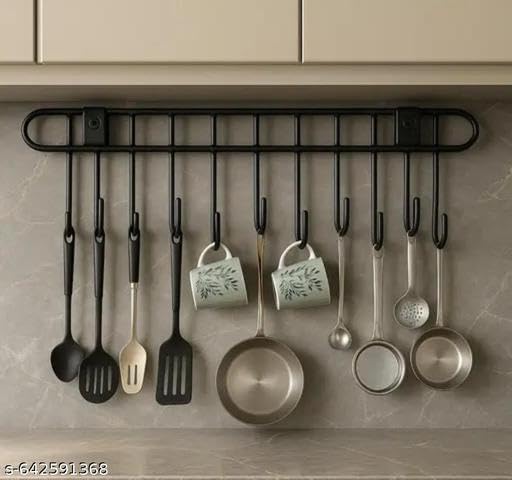 Wall Mounted Kitchen Utensil Rack, Chrome Stainless Steel, 10 Hooks, Modern Style, 40cm Length, Hook Mount-image-37