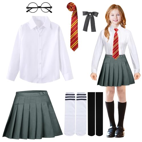 SPHERETRON Wizard Set of 5 Wizard Cosplay Costume Wizard Outfit Halloween Costumes Girls Women Pleated Skirt with Glasses Tie Socks for Children Adults Halloween Carnival Cosplay (S)