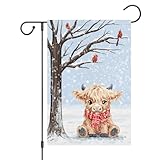 Louise Maelys Welcome Winter Garden Flag 12x18 Double Sided, Burlap Small Snow Highland Cow Calf Yard House for Outside Outdoor Decoration