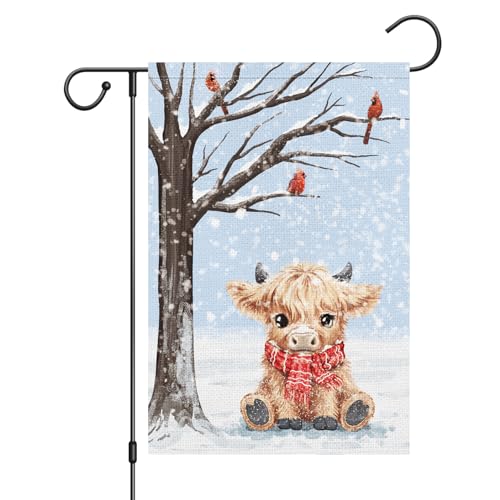 Louise Maelys Welcome Winter Garden Flag 12x18 Double Sided, Burlap Small Snow Highland Cow Calf Yard House for Outside Outdoor Decoration