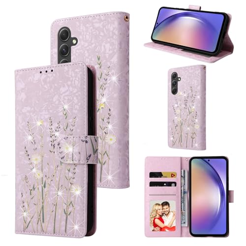 UEEBAI Wallet Case for Samsung Galaxy S24 FE, PU Leather Phone Case Kickstand RFID Blocking Flip Case Card Slots Wrist Strap Relief Engraved Pattern Magnetic Closure Folio Case - Lavender