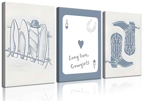 3Pcs Coastal Cowgirl Canvas Wall Art Trendy Western Blue Coastal Granddaughter Prints Preppy Aesthetic Room Decor Vintage Surf Pictures for Teen Girl Dorm Apartment Decoration, 12x16in