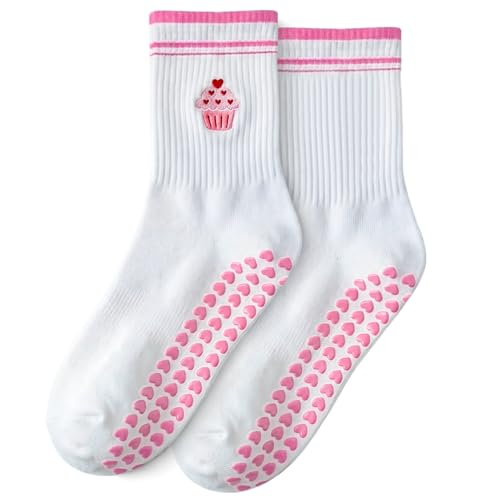 Seefoo Pink Pilates Socks for Women, Non-Slip Cotton Yoga Socks, Heart Grips Crew Half Non Skid Grippy Socks, Cute Ice-cream Embroidery Workout Socks for Dance, Hospital, Home, Daily Trainin(US 5-10)