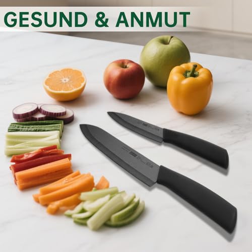 Keramikmesser Set Keramik Messer Küche: Scharf 2er Pack Messerset 15.5cm Kochemesser, 10.7cm Obstmesser Geschenk für Mama (Schwarze Klinge)
