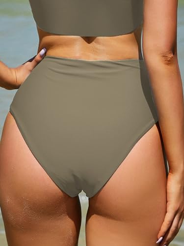 Image of ZAFUL Women High Waisted Bikini Bottoms Ruched Swimsuit Bottom Tummy Control Bathing Suit Bottoms Lightcoffee XL
