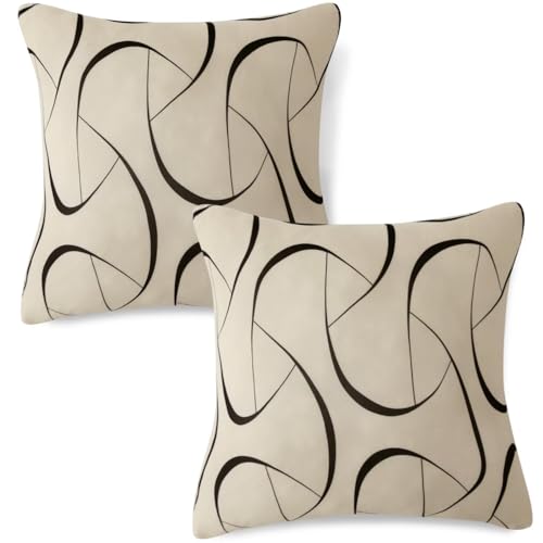 Image of HOKIPO 'Elira Series' Stretchable Cushion Cover for Sofa 16 inch x 16 inch, Pack of 2, Natural Beige Abstract Art (NEW2-4993-C4*2)