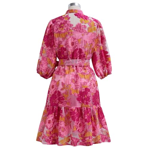 CHICWISH Women Floral Jacquard Mini Dress Puff Sleeves Mock Neck Button Garedn Party Organza Casual Dress with Belt3