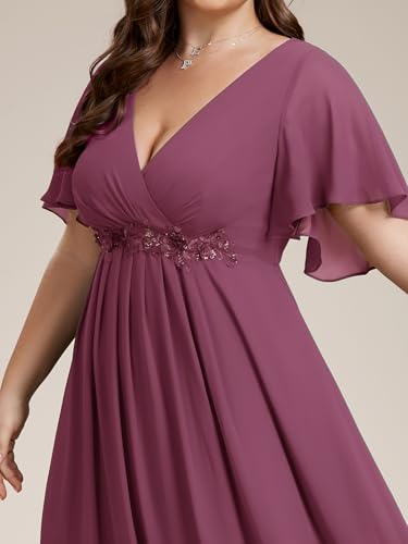 Image of Ever-Pretty Short Sleeves V Neck Plus Size Formal Dresses for Curvy Women Chiffon Mother of The Bride Dress Evening Gowns