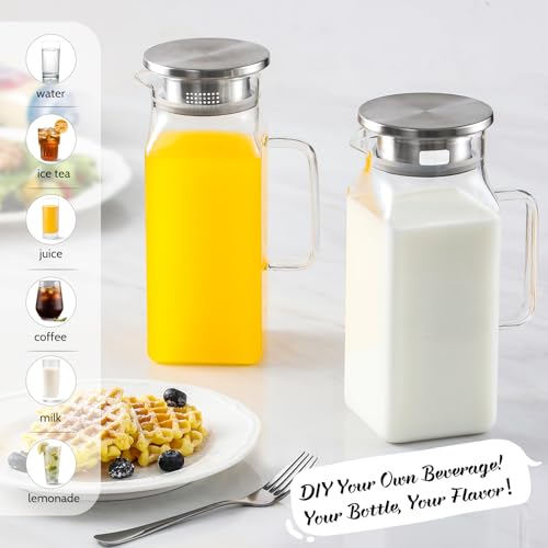 Netany 2 Pack 1.2 Liters/40 oz Small Square Glass Pitcher with Lid and Handle for Fridge, Iced Tea and Coffee Carafe Storage Container, Resistant to Hot and Cold Borosilicate Jug by NETANY - Image 3