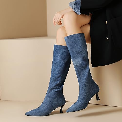 SHEMEE Women's Denim Knee High Boots Kitten Heels Pointed Toe Dress Jeans Mid-Calf Boots Zipper Tall Boots3