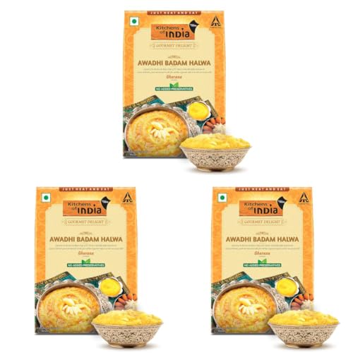 Image of Kitchens of India Awadhi Badam Halwa, ITC Ready to Eat Indian Food, Just Heat and Eat, Microwavable, 200g (Pack of 3)