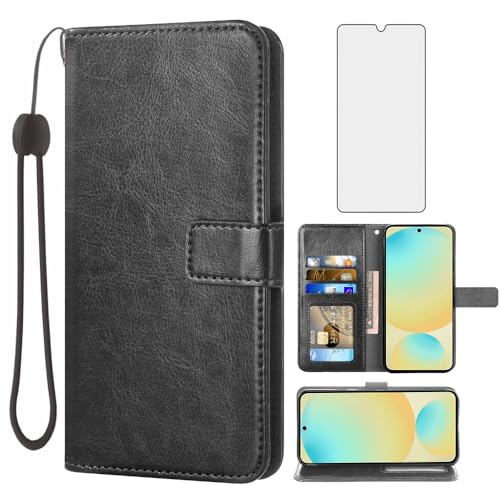 Étui portefeuille pour Samsung S24 FE avec verre trempé et porte-cartes en cuir