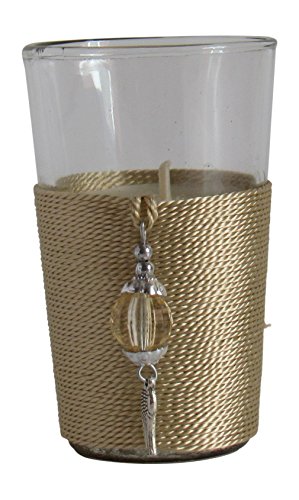 Enchanting Jasmine Scented 6oz Votive Non-GMO Candle and Handmade Moroccan Threaded Glass Display Enclosure with Gold Tasseled Wrap, Fill Your Home with Fresh Jasmine Blossoms
