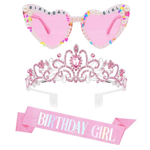 Pink Birthday Girls Glasses Sash Tiara Crown for Women Girls