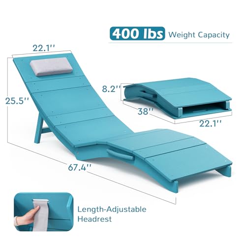 Image of Stoog Pool Chaise Lounge Chairs Set of 4, HIPS Anti-Floating Folding Outdoor Chaise with Headrest, Heavy Duty Patio Furniture for Poolside, Hotel, Beach & Sun Decks, Turquoise