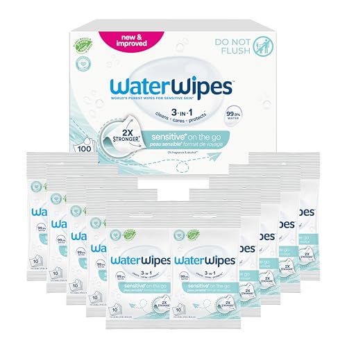 WaterWipes Sensitive+ On The Go Wipes, 3-In-1 Cleans, Cares, Protects, 99.9% Water, Unscented & Hypoallergenic Wet Wipes, 100 Count (10 Packs)
