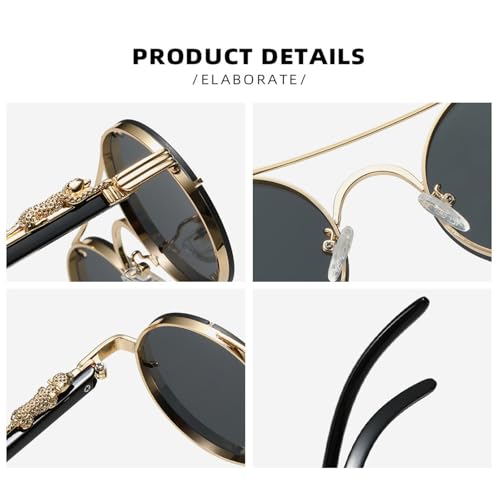 Vintage Round Sunglasses for Women & Men, Gold Leopard Double Bridge Design with UV400 Protection and Anti-Glare4