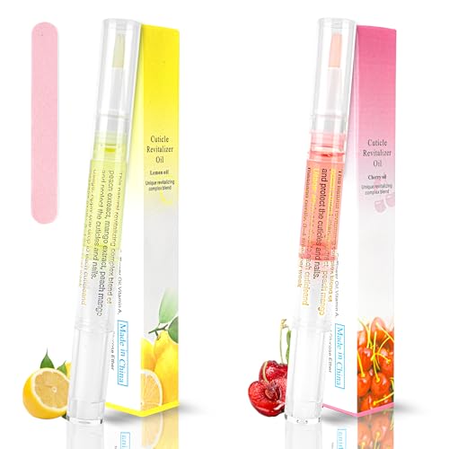 2PCS Cuticle Oil Pen for Nails,Nail Oil Pen for Nail Care,Cuticle Oil for Nails with Nail File,Nail Oil Cuticle Prevent Dry Cracking and Hangnails,Deep Nourishment(Cherry & Lemon Flavor)