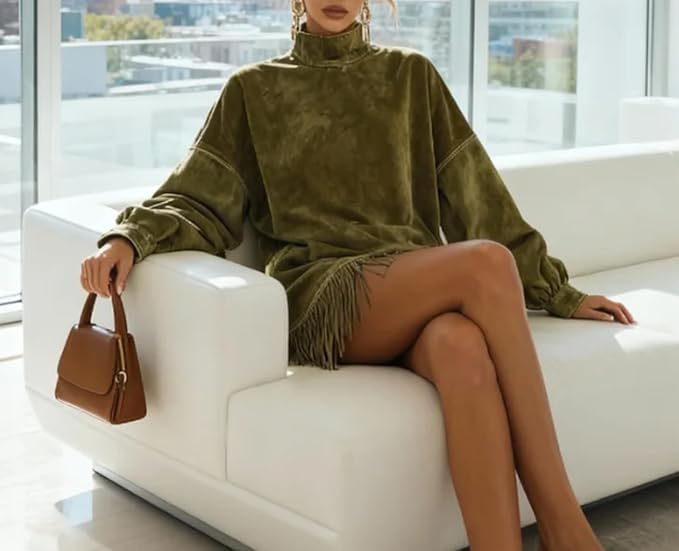 Women's Velvet Fringe Mini Dress, High-Neck Retro Western Style, Faux Suede Fringe Short-Sleeved Holiday Party Dress - Image 4