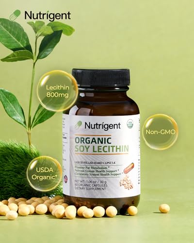 Nutrigent USDA Organic Soy Lecithin Supplement 800 mg, High Absorption Liquid Organic Capsules, Choline Lecithin Supplement for Brain & Liver Health Support, Non-GMO, Gluten Free, 60 Count