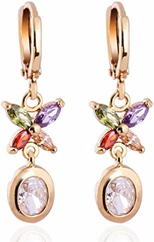 Yazilind Elegant 18K Gold Plated Inlay Clear Oval Cubic Zirconia Colorful Flower Dangle Drop Earrings for Women Idea