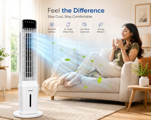 Image of WelTherm 6L Tower Air Cooler for Room, Home & Office with Remote Control, Top Water Refill | Ice Chamber, Digital LED Display Touch Panel, 3 Modes & Speeds 24H Timer | Noiseless| 4 Ice Packs WX-SWIFT