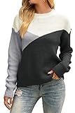 Onfettic Damen Strickpullover Winter Langarm Farbblock Casual Pullover Rundhals Lose Mode Sweatshirt（Grau,M