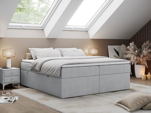 MKS MEBLE Boxspringbett 160x200 cm ohne Kopfteil mit Bettkasten, Premium Multipocket Matratze H3, mit Topper T25, Stauraumbett BESS - Hellgrau Strukture
