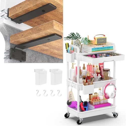 Goovilla All-in-One Home Storage Solution: Multi-Purpose 3 Tier White Rolling Cart Organizer and Versatile Shelf Bracket for Organized Living