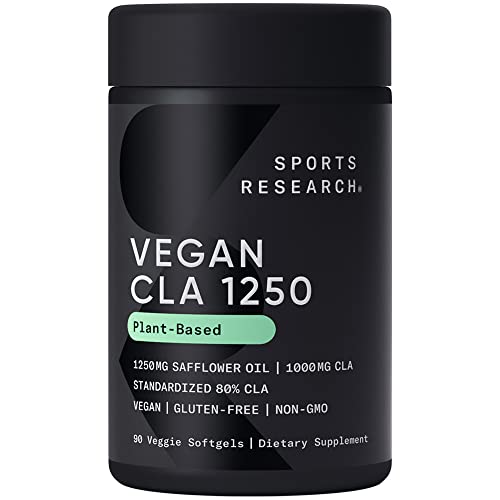 Sports Research Vegan CLA – 1250mg with Active Conjugated Linoleic Acid for Men & Women | Non-GMO, Soy & Gluten Free – 80% (90 Softgels)