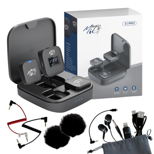 MagicMic™ 3 Pro Influencer Mikrofon Set LCD-Display, KI Geräuschunterdrückung, 20h Akku Stereo/Mono Modus, Lautstärkeregelung Kabelloses Mic für iPhone, Android, PC, YouTube, Vlogs (2 TX + 1 RX)