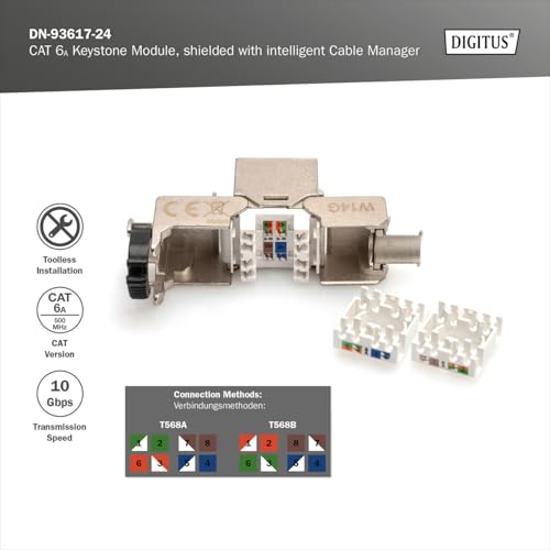 Digitus Modulo Keystone Cat-6A Schermato - 24 Pezzi - Jack RJ45 - 500 Mhz 10Gbase-T - Awg 26-22 - Progettabile - Con Leva Di Bloccaggio - Montaggio Senza Attrezzi - 8