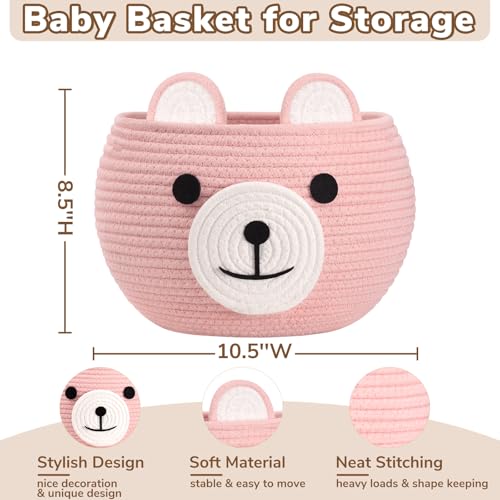 Image of CherryNow Baby Basket for Nursery, Baby Shower Gifts for Girls, Cute Storage Basket for Home Decor, Animal Baskets for Kids Toys Organizer, Pink, 10.5 inchD x 8.5 inchH