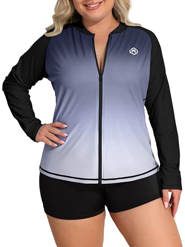 ATTRACO Womens Long Sleeve Swimsuit Plus Size Swim Top Gradient Gray 2X