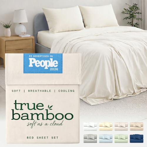 Image of TRUE BAMBOO Sheets Set Queen Size - Silky Soft & Cooling - Light Beige