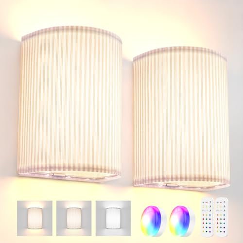 Image of Battery Operated Wall Sconces Set of Two, 3000mAh Battery Rechargeable RGB 3 Colors Temperature Dimmable Wall Lights Fixtures with Remote Wall Lamp Sconces for Bedroom Living Room