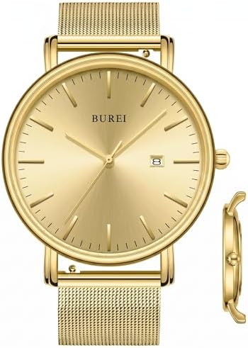 BUREI Men's Watches, Classic Analogue Dial with Date Japanese Quartz and Ultra-Thin Stainless Steel Mesh Band