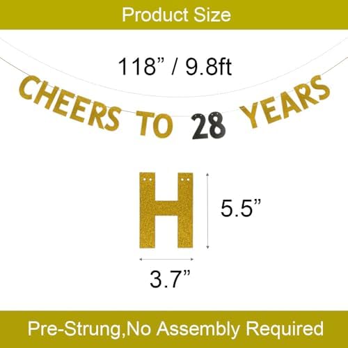 CHEERS TO 28 YEARS Banner, Pre-Strung, Gold and Black Glitter Paper Banner for 28th Birthday Party 28th Wedding Anniversary Party Decorations Supplies, No Assembly Required,Letters Black and Gold,SUNbetterland image 4