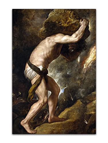 Sisyphus Ancient Greek Mythological Figure Pushing A Rock Up A Hill Oil Painting Poster Wall Art Picture Print Canvas Painting Modern Decortion Poster (16x24inch(40x60cm),No Framed)