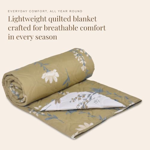 Image of HUESLAND Reversible AC Quilt Blanket Single Bed | 100% Cotton Quilted Shell, Super Soft 120 GSM Microfibre Wadding | Lightweight Comforter for All Weather Use | 55 x 88 inches, Floral Fusion