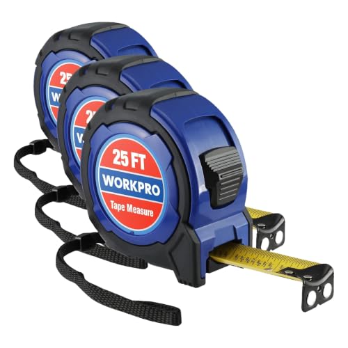 Image of WORKPRO 25FT Tape Measure, 1 /8 Fractions Easy Read Measuring Tape, Retractable Nylon Coating Measurement Tape Accuracy 1 /32, Magnetic Hook, Belt Clip, Rubber Protective Casing (Pack of 3)